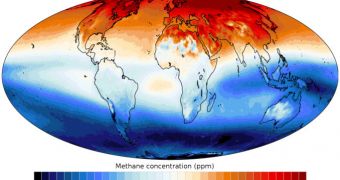 A map showing the global concentrations of methane