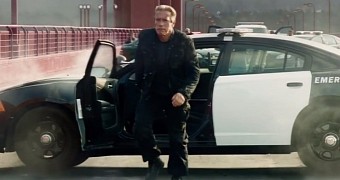 Arnold Schwarzenegger's Terminator may be old, but he can still exit moving cars like a pro