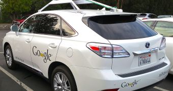 One of Google's self-driving cars with the Lidar system up top