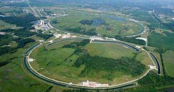This is an aerial view of the now-closed Tevatron, at Fermilab