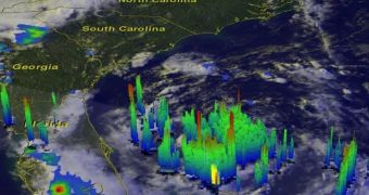 NOOA image shows a three-dimensional view of rainfall within the tropical depression offshore of Florida on June 29