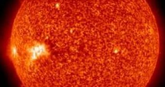 Ultraviolet image of the Sun sent back by SOHO on Friday