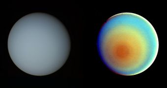 These two pictures of Uranus -- one in true color (left) and the other in false color -- were compiled from images returned Jan. 17, 1986, by the narrow-angle camera of Voyager 2