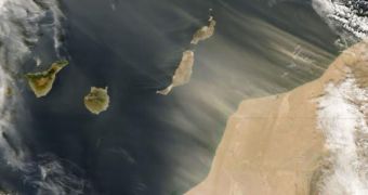 Desert dust blows off the west coast of Africa and over the Canary Islands