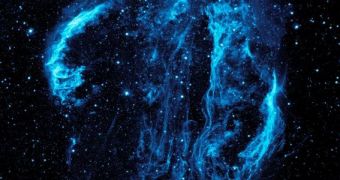 This is the Cygnus Loop Nebula, in ultraviolet wavelengths, as imaged by GALEX