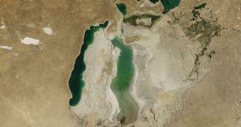 MODIS image showing how the Aral Sea looks like. its former contours are clearly visible