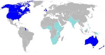 This is a map of countries whose primary language is English (dark blue) and nations where English is the official, but not primary language