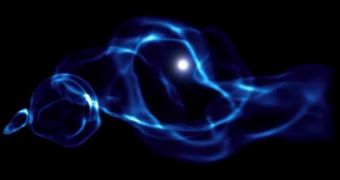 A small, early black hole (white spot) feasts on clouds of cosmic gas in this new SLAC simulation