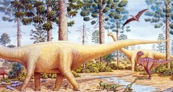 A giant titanosaur representation, based on the fossilized bones of Australia's largest dinosaur
