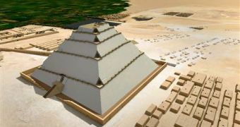 3-D computer image illustrating how the Great Pyramid could have been constructed using an inner ramp