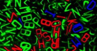 Fluorescent microscale letters in a "colloidal alphabet soup"