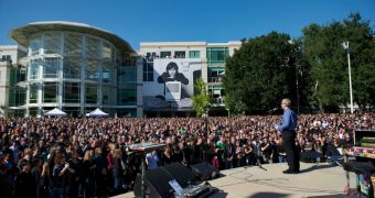 Apple CEO Tim Cook speaks to employees at a celebration of Steve Jobs' life.