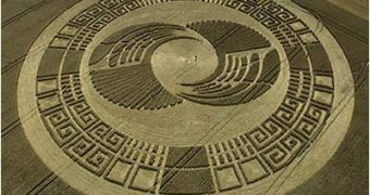 Crop circle shaped like an Aztec sun stone at Silbury Hill, Wiltshire, England