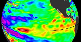 This image depicting the current El Nino condition in the Pacific Ocean was created with data collected by the US/European Ocean Surface Topography Mission/Jason-2 satellite