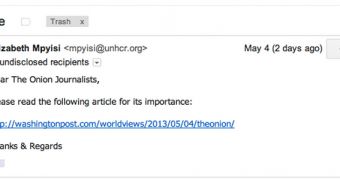 Phishing email sent by the Syrian Electronic Army to The Onion employees