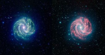 These are the two most recent views Spitzer collected of M83, the Southern Pinwheel Galaxy