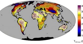 This map shows the maximum wet-bulb temperatures reached in a climate model with a global-mean temperature 12 degrees Celsius (21 degrees Fahrenheit) warmer than 2007