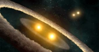 This artist's concept illustrates a quadruple-star system. The system is still relatively young, at 10 million years old.