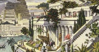 The image of the Hanging Gardens (right) and the Tower of Babel (left)