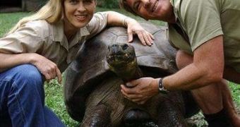 Harriet with Steve and Terri Irwin when it  was 175 years old