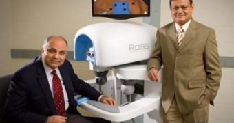 The RoSS simulator, developed by UB's Thenkurussi Kesavadas (right) and Khurshid Guru of RPCI, allows surgeons to practice skills needed to perform robot-assisted surgery without risk to patients