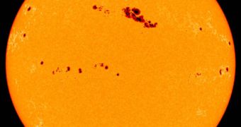 The sunspot group seen here on 22/09/2000, the largest for nine years covered about 1/500th of the Solar surface (about 12 times the surface area of the Earth).