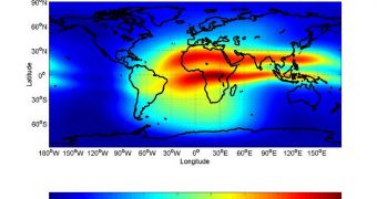 Map of the ionosphere around noon GMT, showing ionospheric scintillations due to incoming solar energy in terms of the GNSS navigation errors that could result