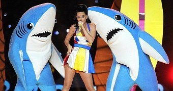 Katy Perry and her dancing sharks during Super Bowl 2015 performance