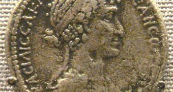 An ancient European coin showing Cleopatra's profile
