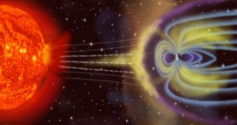 An artist's depiction of how Earth's magnetic field protects us from harmful radiations emanating from the Sun