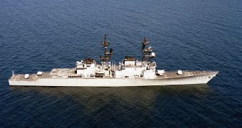 The USS Paul F. Foster in smooth seas.