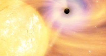Artistic impression of a black hole feeding on the gas of a regular star