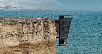 Concept house hangs from a cliff