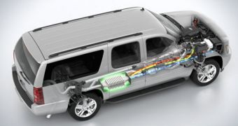 An artist’s rendering of a Chevrolet Suburban shows the muffler-like thermoelectric generator inserted into the exhaust system