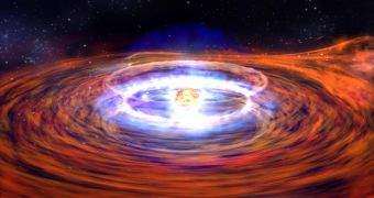 Plasma from a neighboring star gets pulled into the orbit of a neutron star, where it slams into the stellar surface, creating thermonuclear explosions