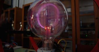 Beam of electrons moving in a circle in a magnetic field (cyclotron motion). Lighting is caused by excitation of atoms of gas in a bulb