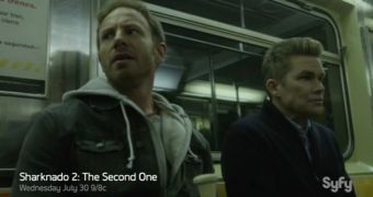 The calm before the storm: Ian Ziering is again forced to fight with live sharks in “Sharknado 2”