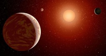 Artist's rendition of three exoplanets orbiting a red dwarf