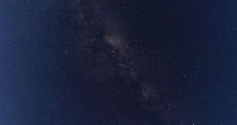 Fisheye lens view of the Paranal Observatory and the core of the Milky Way (click for full view)