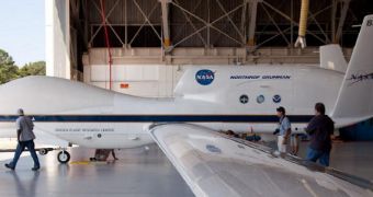One of NASA's two Global Hawk UAV is seen at Wallops, on September 7, 2012
