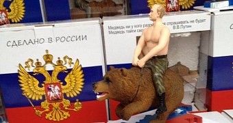 Vladimir Putin toy shows the Russian President riding a bear