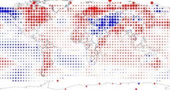 The dots represent anomalies recorded this November, with respect to long-term average values