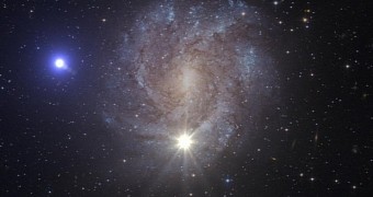 Artist's impression of the star (left) and the supernova (bottom center)