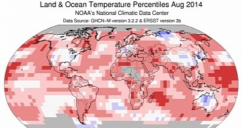 Map documents land and ocean temperatures in August 2014