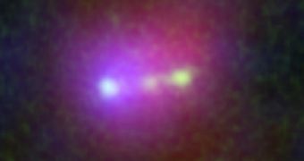 Composite image showing the three distinct galaxies in the Himiko cluster, more than 13 billion light-years away from Earth