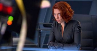 Scarlett Johansson frowns and pouts as Black Widow in “The Avengers”