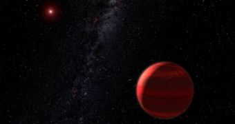 Artist's impression of an exoplanet in orbit around a red dwarf star