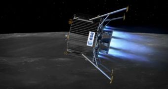 Artist's rendition of the ESA Lunar Lander on its final approach to the lunar south pole