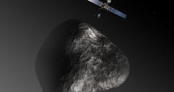 Rendering of Rosetta and Philae around comet 67P/Churyumov–Gerasimenko