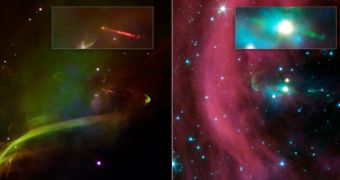 This image layout shows two views of the same baby star -- at left is a visible-light image, and at right is an infrared image from the NASA Spitzer Space Telescope
